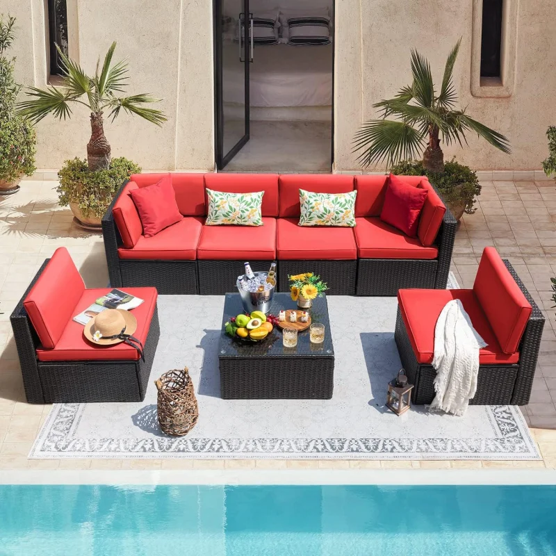 

-Piece Red Wicker Patio Set, Manual Weaving Rattan Sectional Sofa/ Cushions & Glass Table,-Resistant Outdoor Conversation