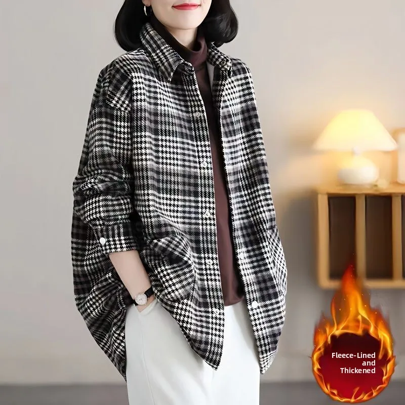 

Retro Plaid Fce Lined irt Jaet Women's Loose Commute Versatile irt Top Trendy Korean Sle Long Sve Collar
