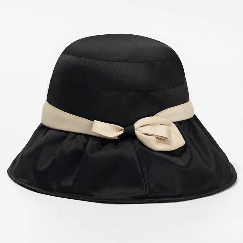 女性の夏の屋外-uv-保護ワイドブリムサンハット折りたたみ式バタフライノットサンシェードキャップエレガントな花柄フラットトップハット