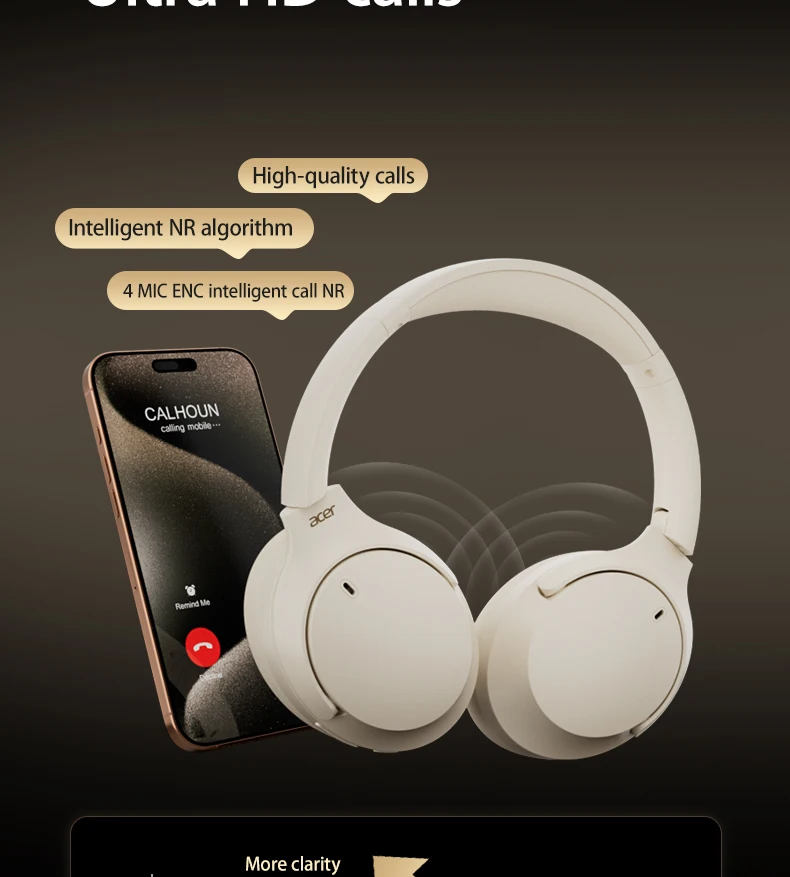 Acer OHR305 ANC Drahtlose Kopfhörer Kopfverfolgung 3D Spatial Audio -42 dB ANC Bluetooth 5.4 HiFi-Headset ENC HD-Mikrofon mit geringer Latenz – Detail 13