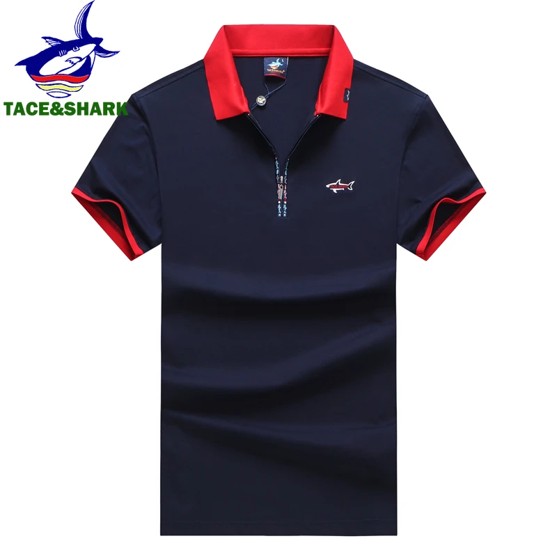 Tace & shark cor sólida bordado polo camisa verão moda homem negócio tubarão polos topos masculino casual azul escuro branco roupas