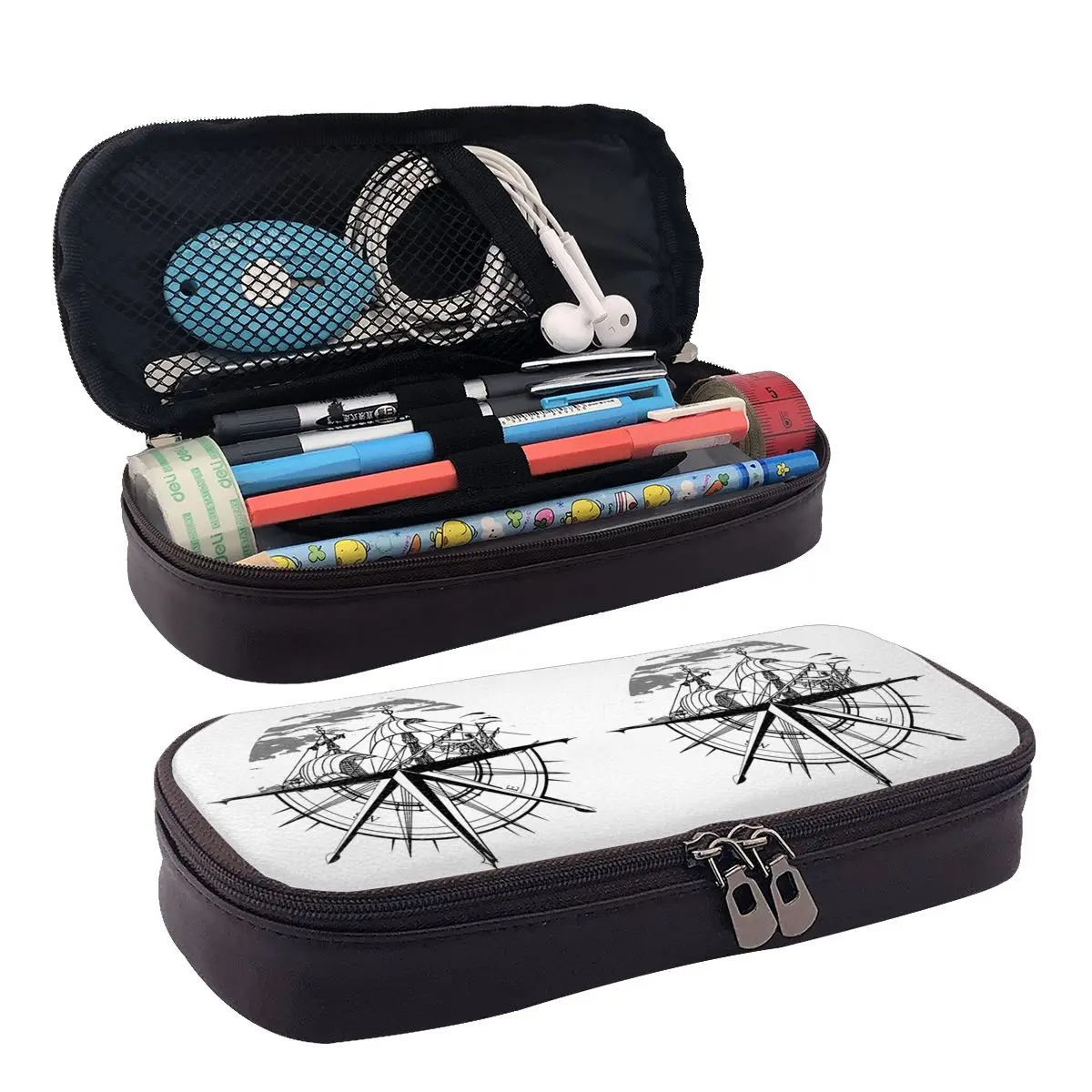 Nautical Compass Captain Anchor Boat Leather Pencil Case for Boys Girls Pen Box Pencil Bag Stationery Supplies Pen Holder Bag