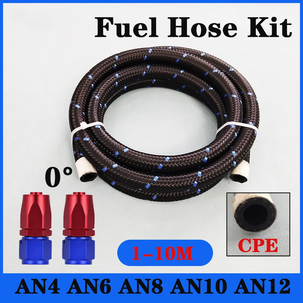 

AN4 AN6 AN8 AN10 AN12 1-10M E85 Tube Nylon 304 Stainless Steel Braided CPE Rubber Fuel Line Fitting Kit with 2 pcs 0° Swivel