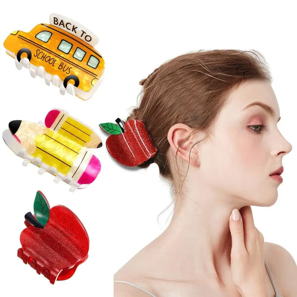 Girls Cute Apple Claw Hair Clip Cartoon School Bus Shark Design Creative Ponytail Hair Accessory Computer Theme