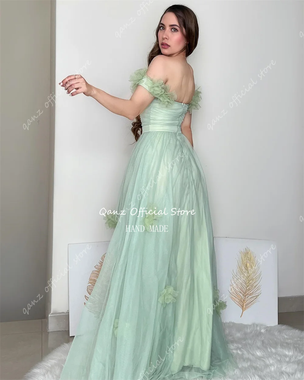 Qanz Minit Green Fairy Evening Dresses Tulle Off the Shoulder Flowerls Vestidos De Noite High Slit Long Formal Occasion Dresses