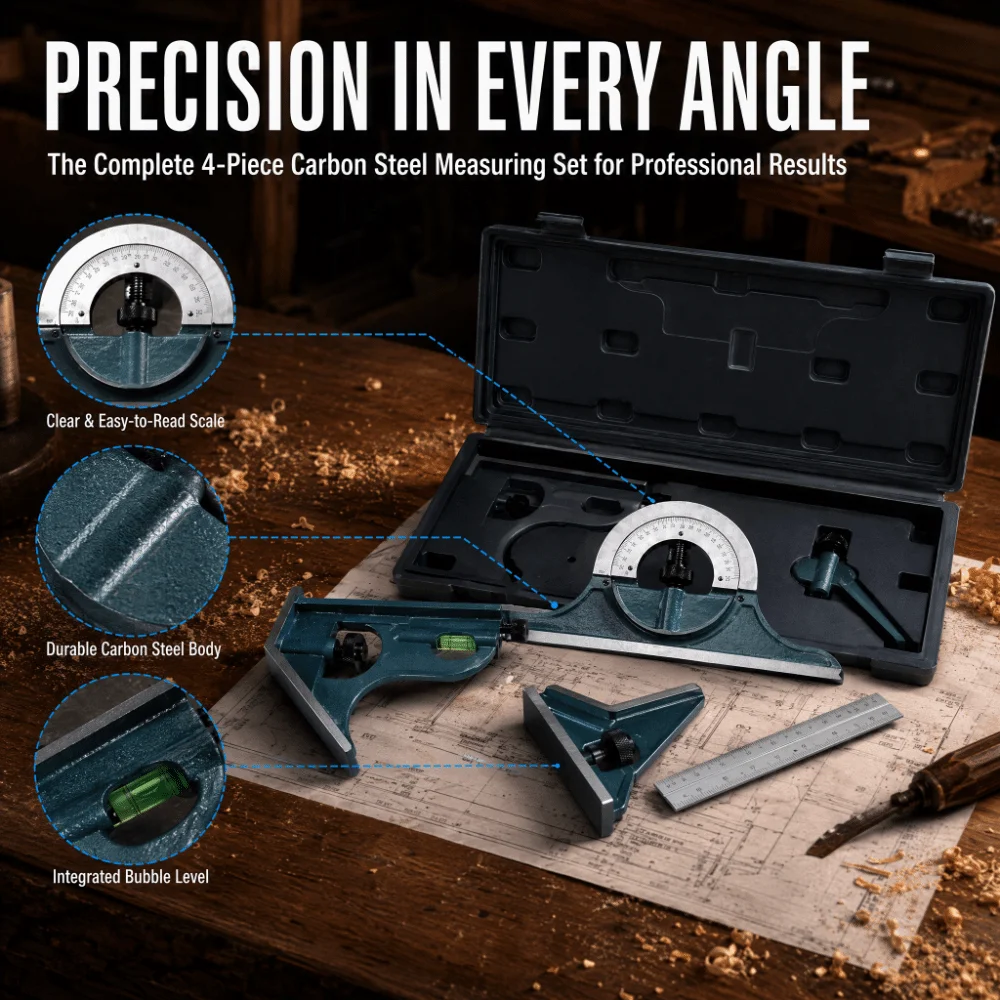 4pcs Carbon Steel Combination Angle Square Set 0-180° DIN Grade Bevel Protractor Kit Universal Adjustable