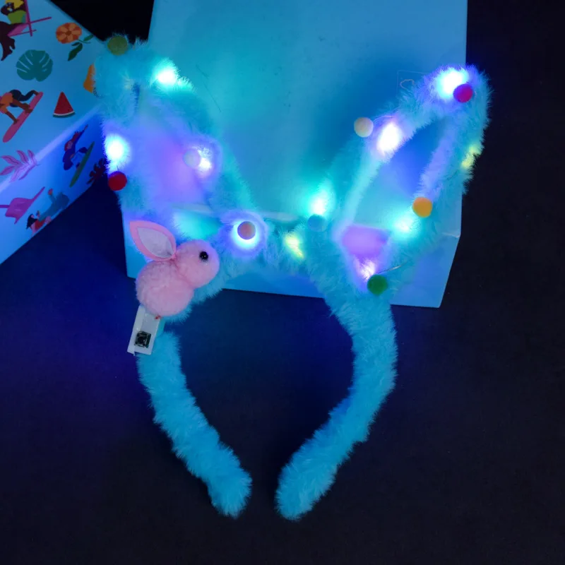 Cute Luminous Bunny Ear Headband Led Plush 14 Lights LED Soft Party Headwear Costume Hair Hoop Plush Rabbit Ears Led Headband