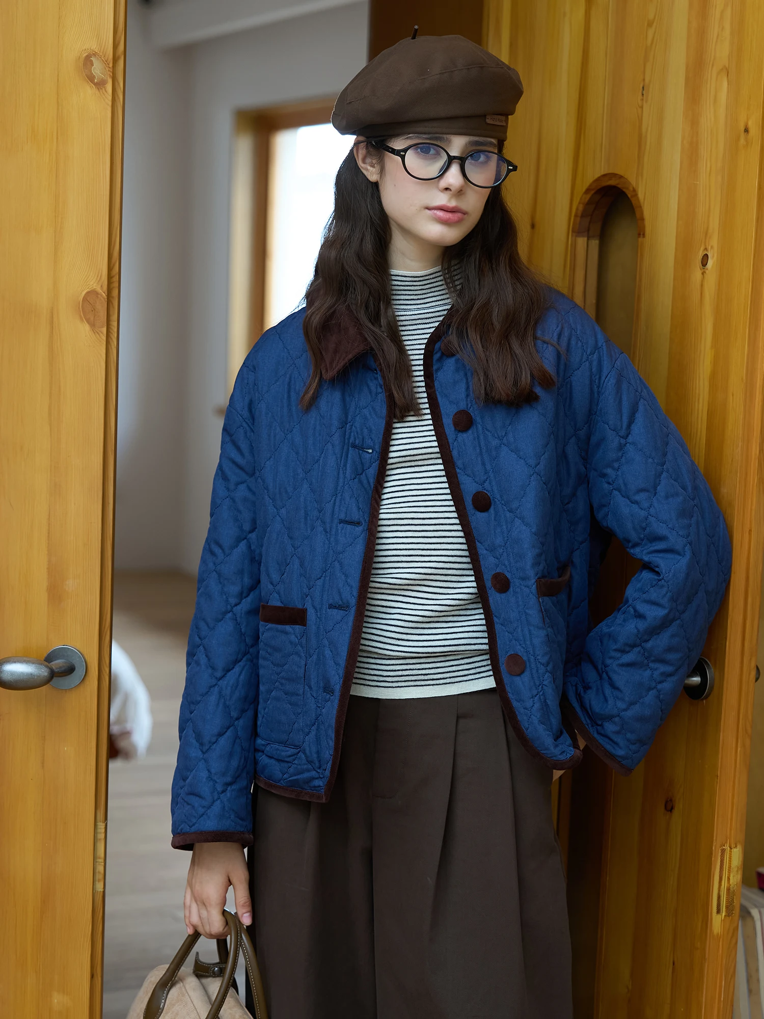 

Bruland Winter Love Retro Simple Lapel Oversized Jaet Warm Comfortable Splicing Color Blo Top Women's Cotton Coat