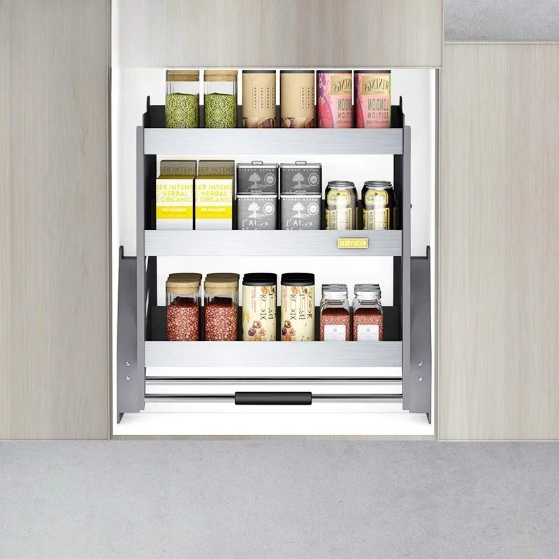 

Three-layer hanging cabinet lifting basket stainless steel kitchen cabinet pull-down storage rack seasoning basket kitchen cabin