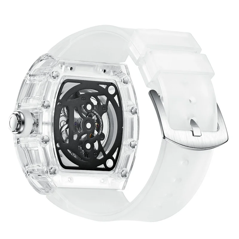 Reloj mecánico automático para hombre, transparente, en forma de barril, resistente al agua, ahuecado, a la moda