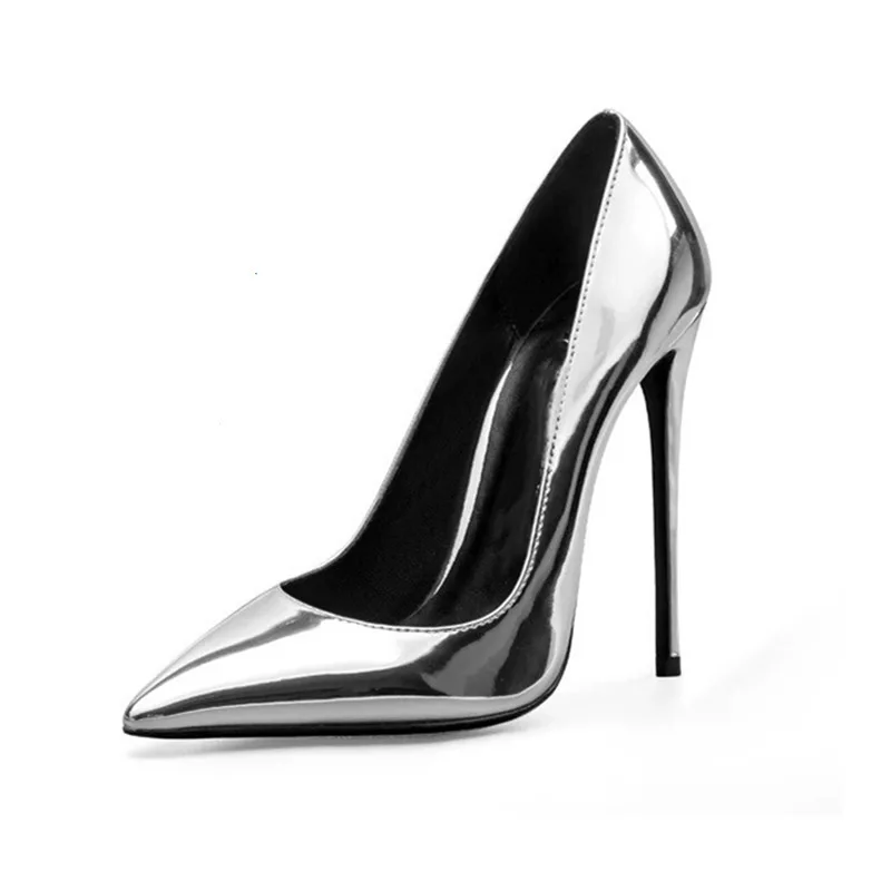 12-13cm Women\'s Pointed Toe Stilettos High Heel Pumps Silver Party Shoes Ladies Large Size Red Patent Leather Classic Pumps 2023