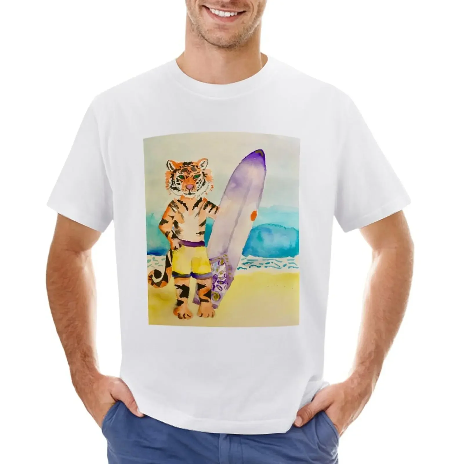 Tiger with surfboard T-shirt shirts graphic tees plus sizes oversized t shirts for men