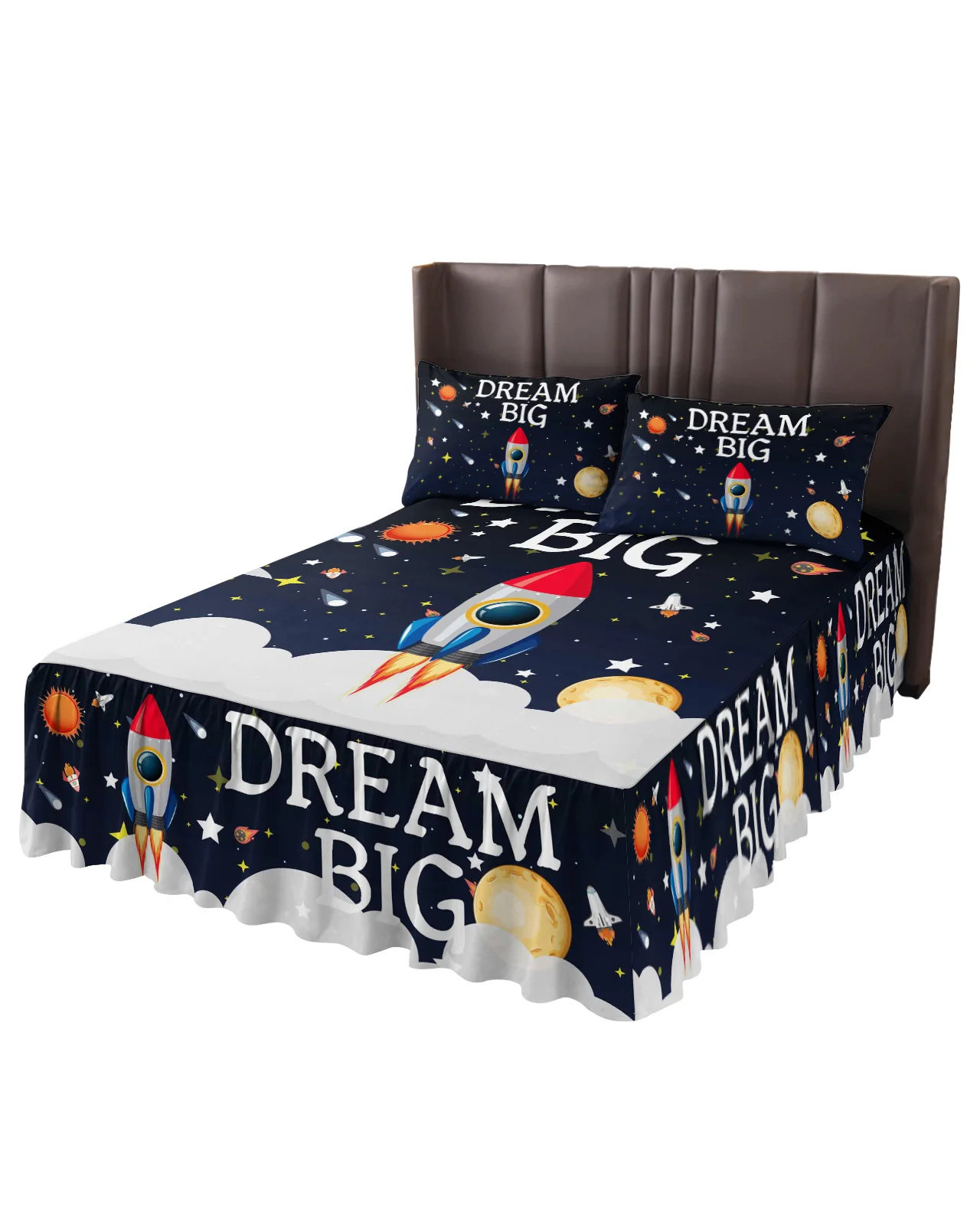 Space Universe Rocket Dream Big Bed Skirt Elastic Fitted Bedspread With Pillowcases Mattress Cover Bedding Set Bed Sheet