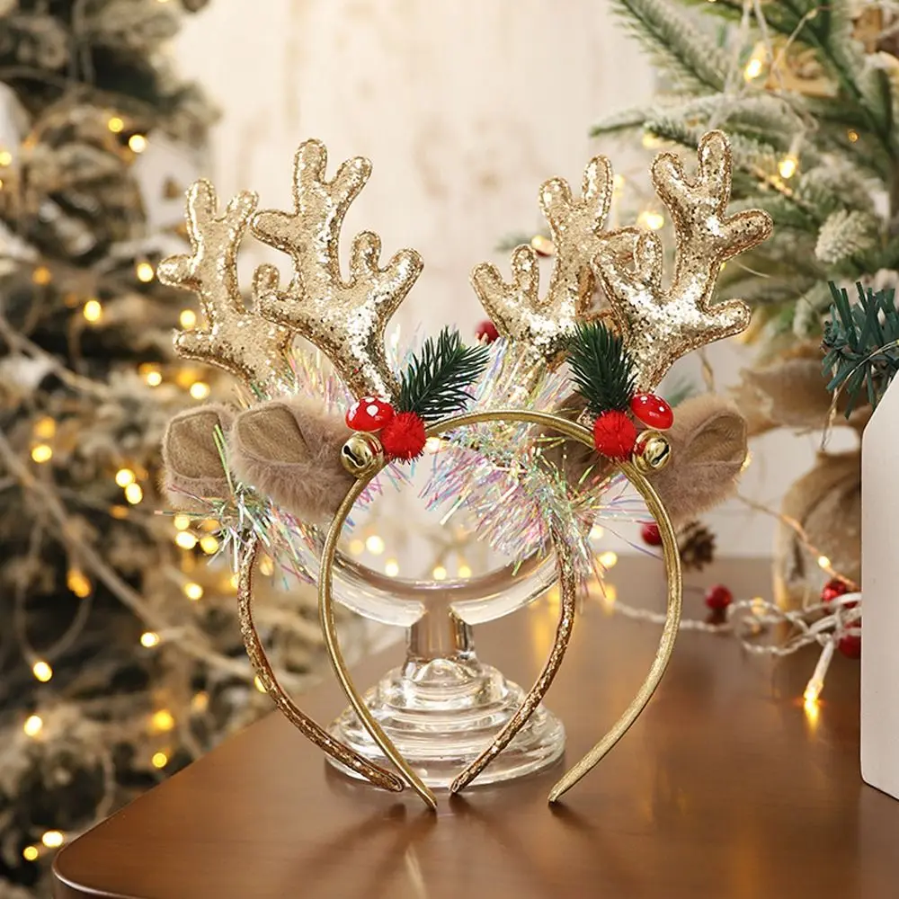 Diademas navideñas con forma de seta y cuerno de ciervo de felpa con campana para fiesta, diademas de estilo coreano, aros para el pelo para mujer con astas de alce