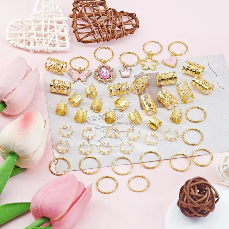 45Pcs Pink Crown Rose Gem Heart Shape Dreadlock Hair Rings Set Shiny Elegant Sweet Cuffs for Woman Man Braids Festival Party