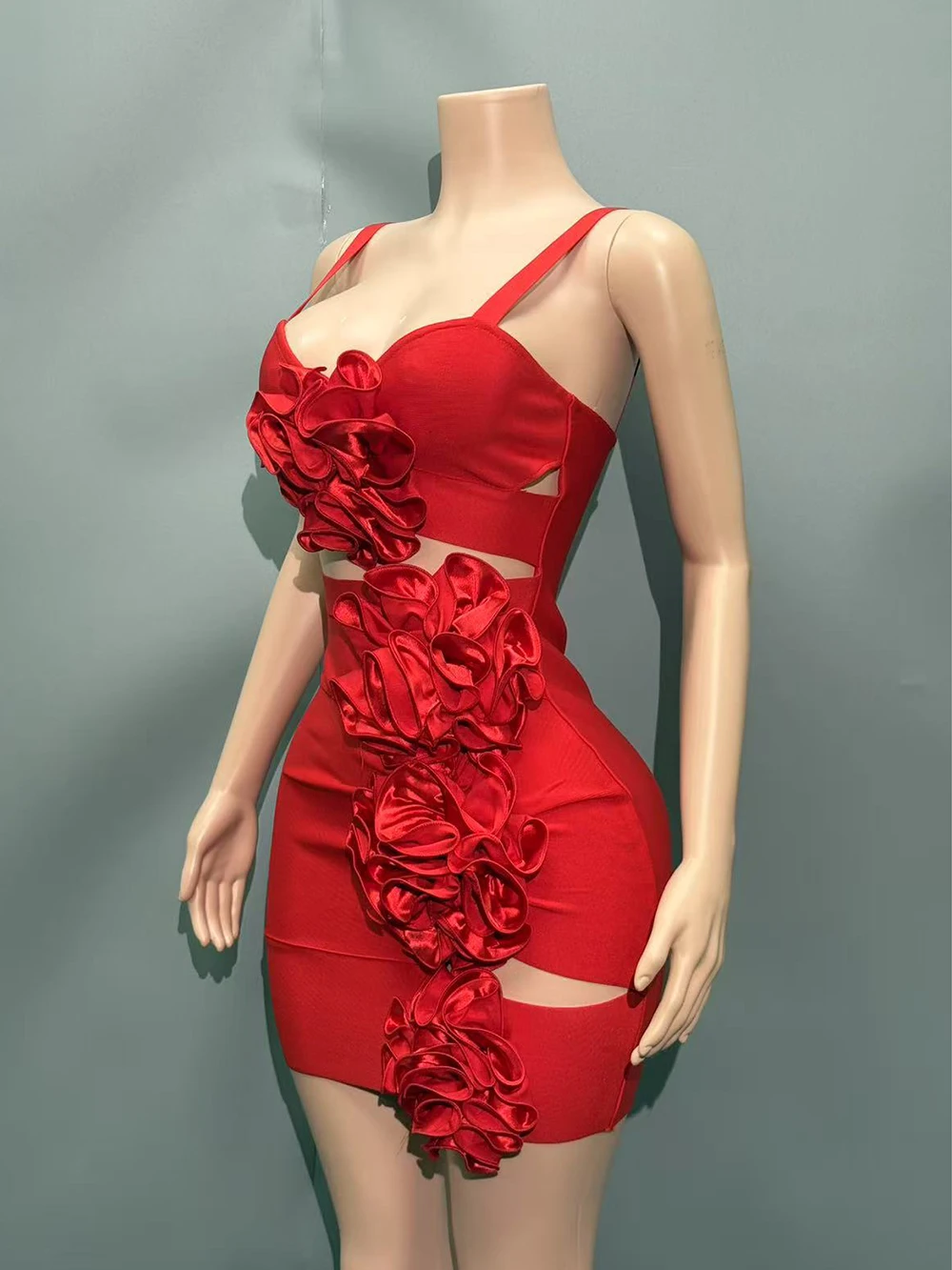 Modphy Rosso Della Cinghia di Spaghetti Delle Donne Mini Vestito Dalla Fasciatura Aderente Sexy Scava fuori splicing fiori 3D Aderente Party Club Dress Vestido