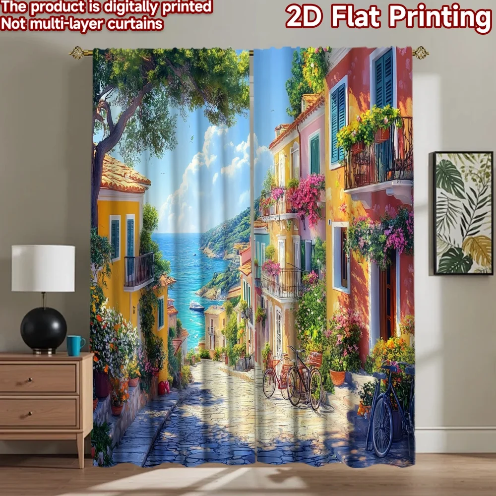 2D flat 2pcs Curtain Modern Minimalist Style Colorful Coastal Village Street Digitally printed polyester, colorfast Party &