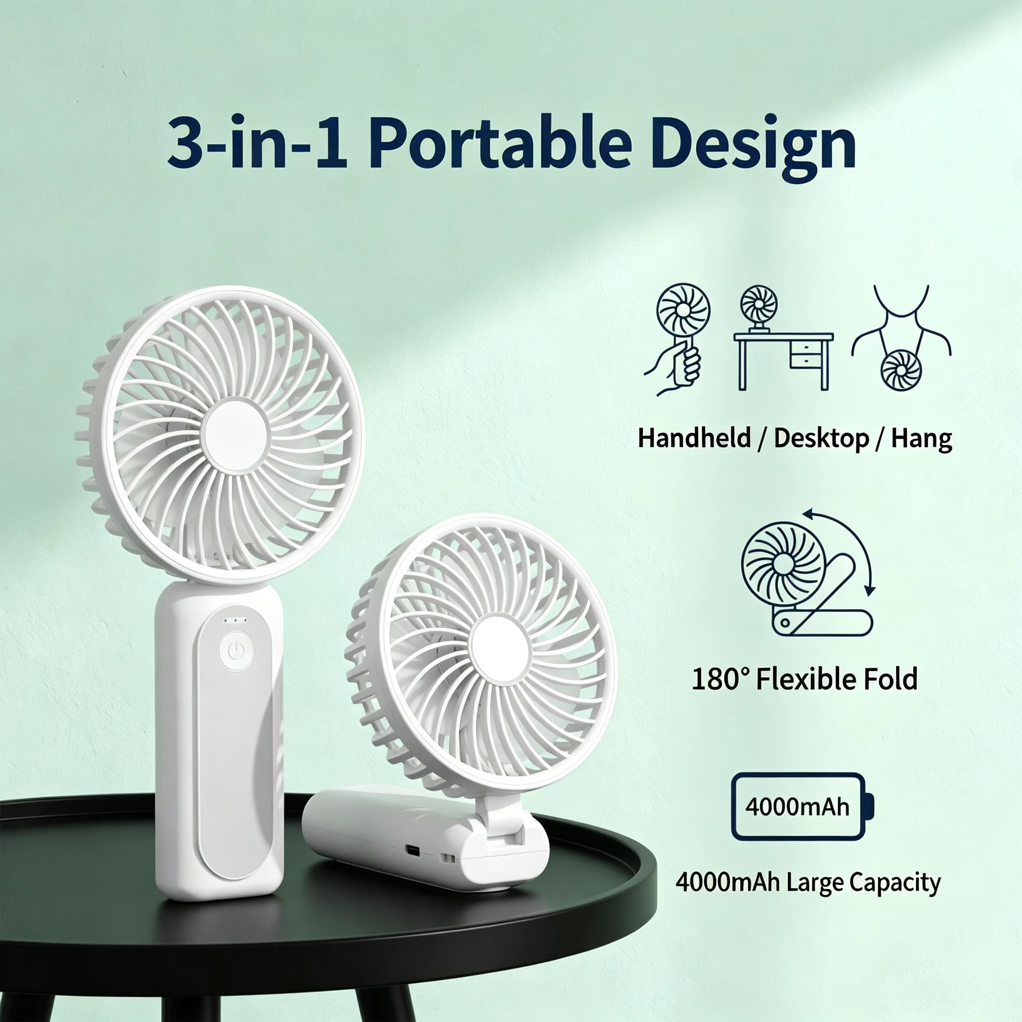 Portable M2 Handheld FanFoldable Design,Neck‑Hang Desktop Use1503 Brushless Motor 4000mAh Detachable Battery7‑Speed St