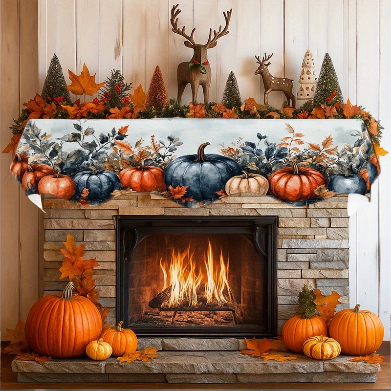 Fall Thanksgiving Fireplace Mantel Scarf Watercolor Pumpkin Maple Leaf Mantel Topper Rustic Autumn Home Harvest Decoration