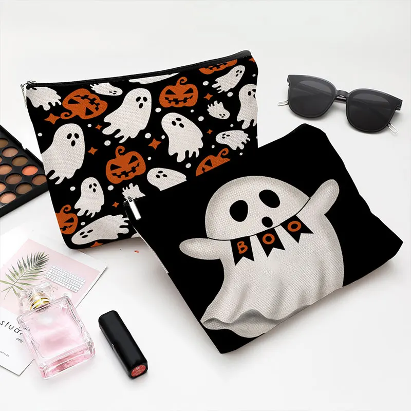 

Nightmare Before Christmas Flax Travel Toiletry Bag Women Student Halloween Bat Ghost Cosmetic Pencil Bag Storage Kit