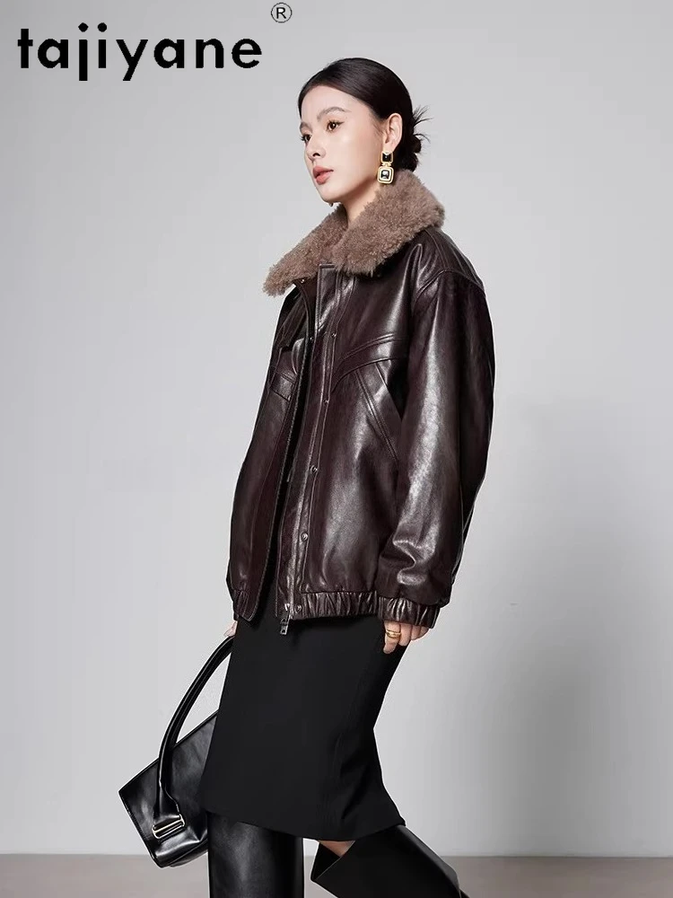 TAJIYANE Oil Wax Sheepskin Camel Down Coats Woman Cashmere Collar Coat Mid-Length Real Leather Jacket Winter Clothes 2025 шуба