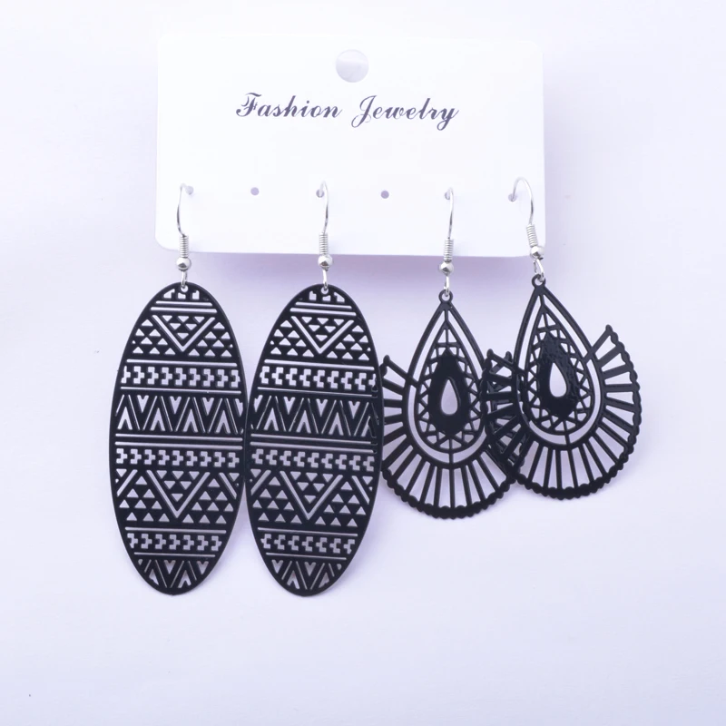 2pairs Brass Black Drop Earrings Set Geometric Big Long Oval And Fan-shape Earrings for Women Fashion Party Style Earring