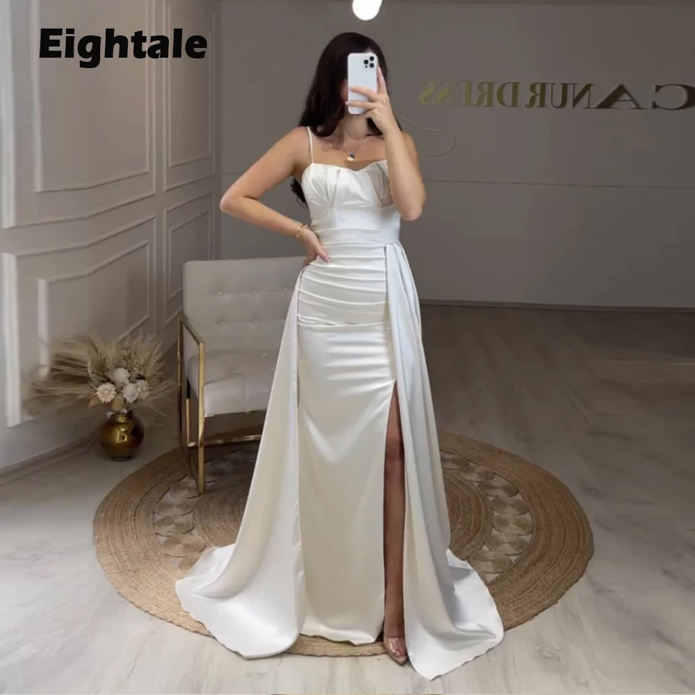 

Eightale White Evening Dress for Wedding Party Spaghetti Strap Pleats Mermaid Dubai Arabic Prom Gowns Formal Celebrity Dress