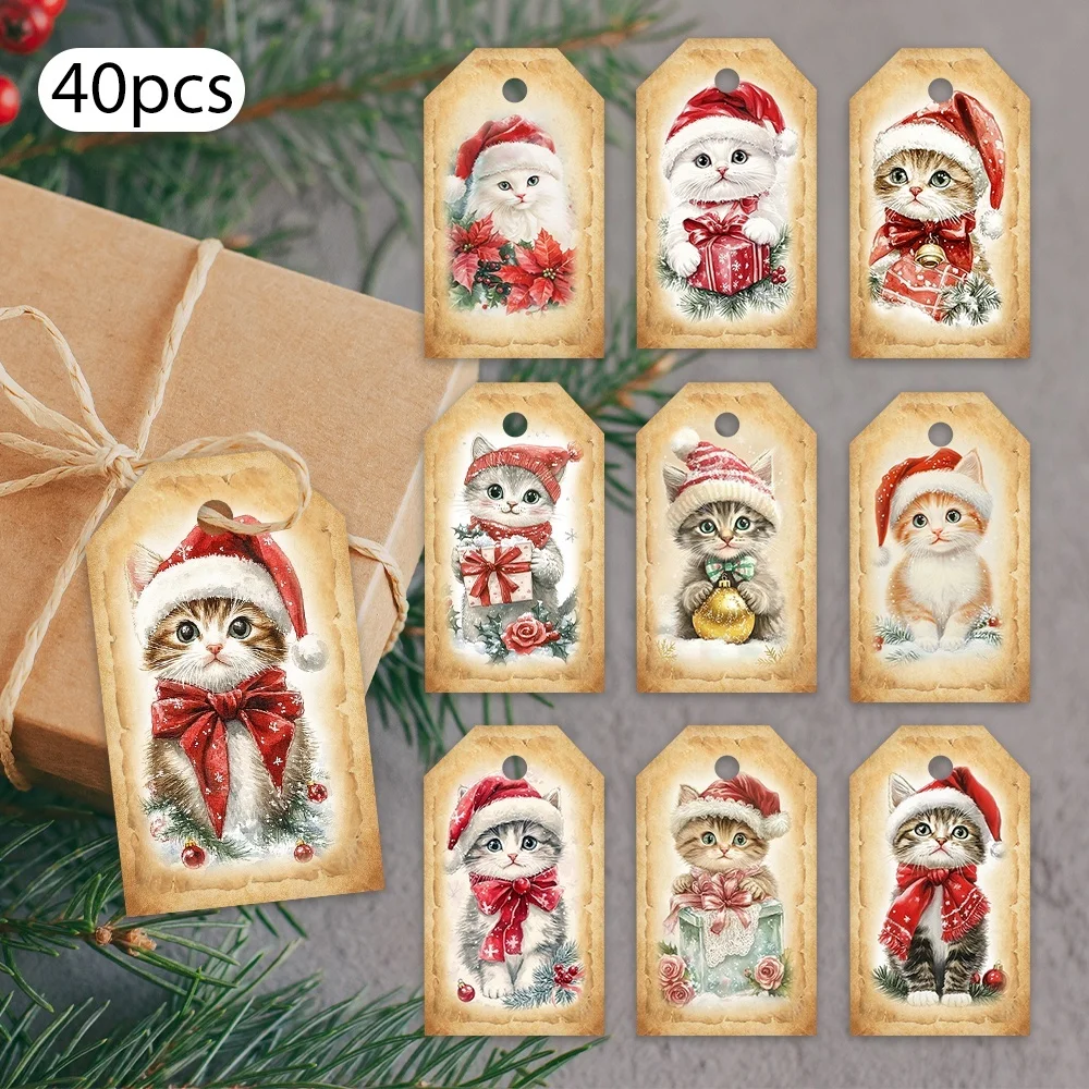 40 Stück Vintage-Weihnachtskatzen-Tags – Retro-Weihnachtsmützen, Blumenmuster – geschnittene Geschenketiketten für Weihnachten, Geburtstagsparty-Dekorationen