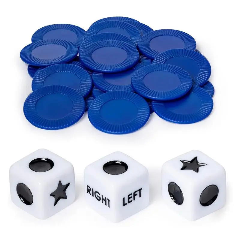Inovador Left Right Center Dice Game, Versão em Inglês, 3 Dices, 24 chips de cores aleatórias para a família