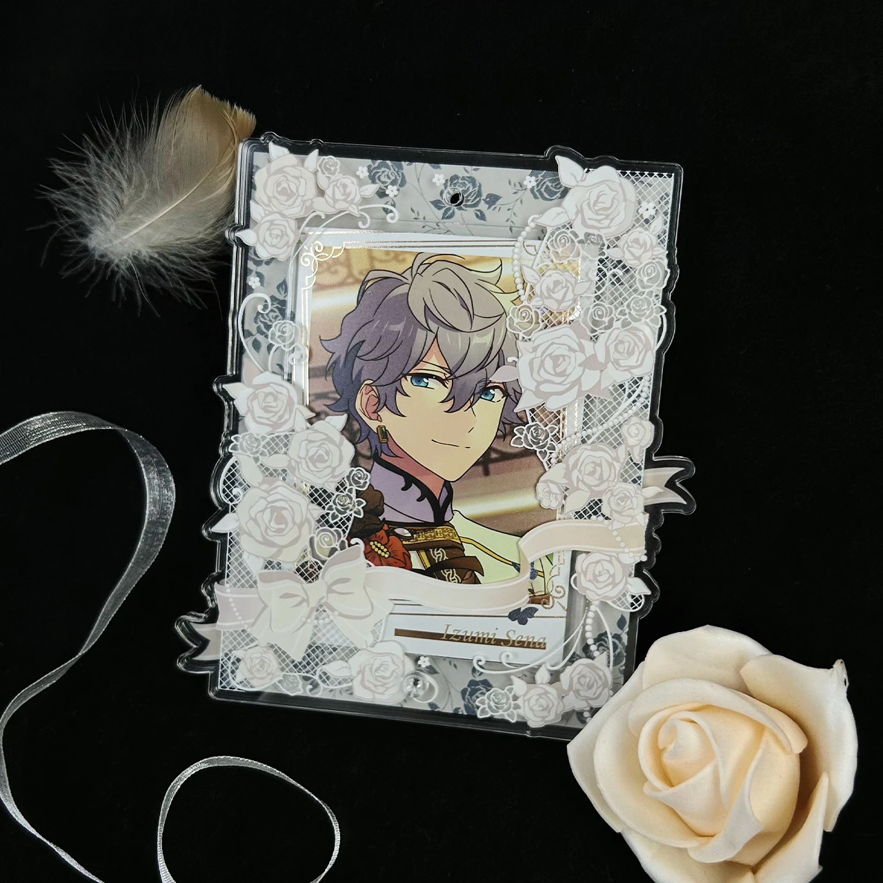 Ribbon Invitation Acrylic Photo Display Stand for 3/3.5 Inch Card, Lace Rose Floral Frame Holder for Kpop Anime Merch Desk Decor