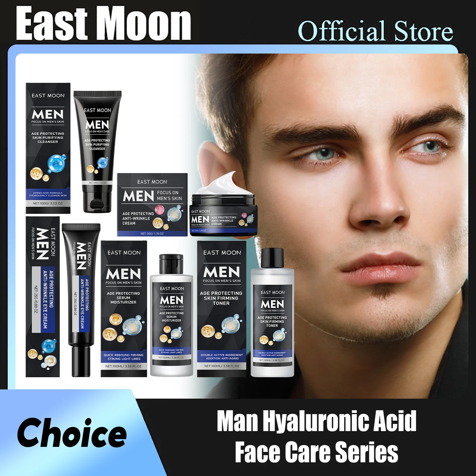 East Moon Hyaluronic Acid Facial Care Set Oil Control Skin Firming Increase Hydrate Deep Cleaning Face Moisturizer Cream for Men