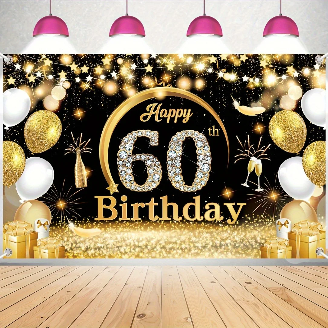 Ein schwarzes Hintergrundtuch für einen „Happy 60th Birthday“-Foto-Geburtstagsparty-Artikel
