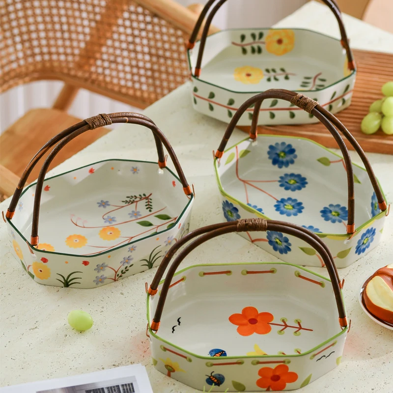 Hand-Painted Fruit Basket Ceramic Plate Candy Snacks Dried Fruit Flower Printing Storage Basket Portable Fresh Pastoral Style