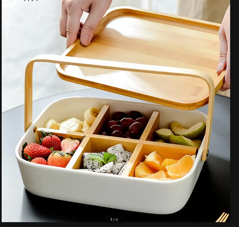 

Ceramic Plate Fruit with Wooden Lid Dried Snack Plates Salad Bowl Snacks Platter Candy Box Decorative Dishes