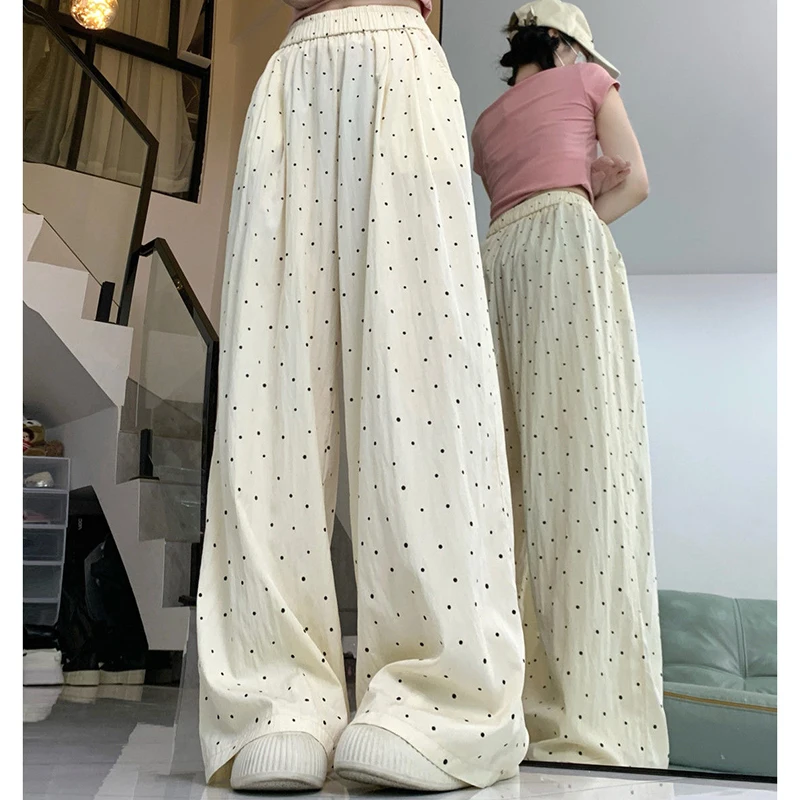 Summer Women Daily Thin Casual Pants Girls Comfortable Baggy Wide Leg Trousers Lady High Waisted Apricot Black Loose Dots Slacks