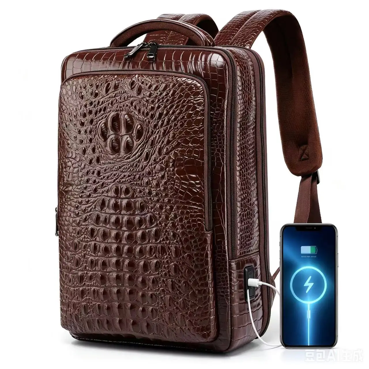 New Men's Crocodile patterned leather laptop backpack with USB 180 Degree Opening and Closing retro business Backpack schoolbag