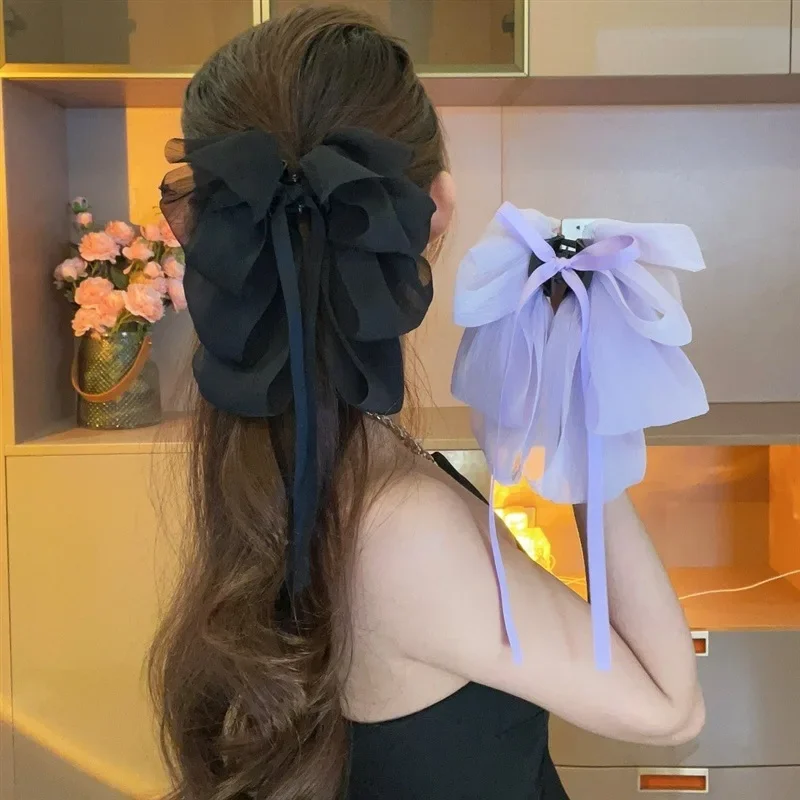 Korean Mesh Bowknot Hair Claw Sweet Ribbon Bow Hairpin Bang Clip Korean Girls Fashion Grab Clip Female Headwear Hair Accessories