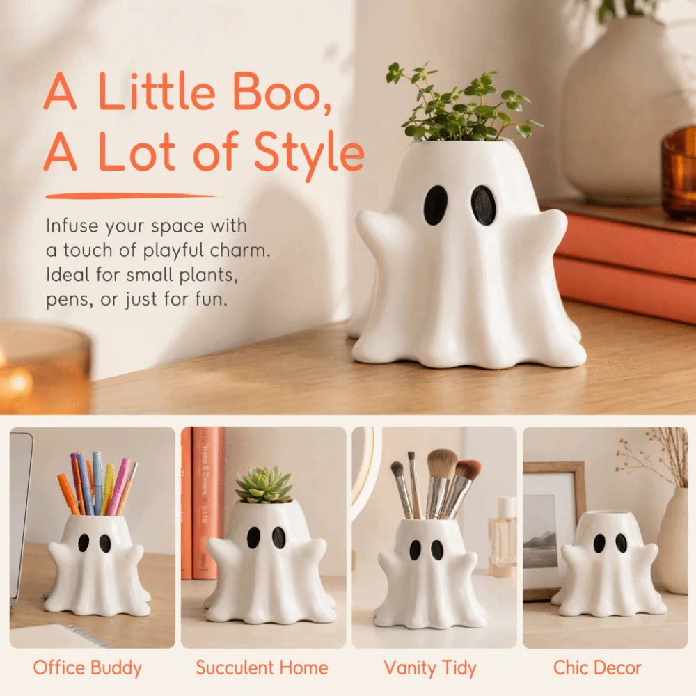 3D Printed White Ghost Vase Creative Succulents Halloween Flower Pot Decorative Small Water Planting Planter Cafe Decorations