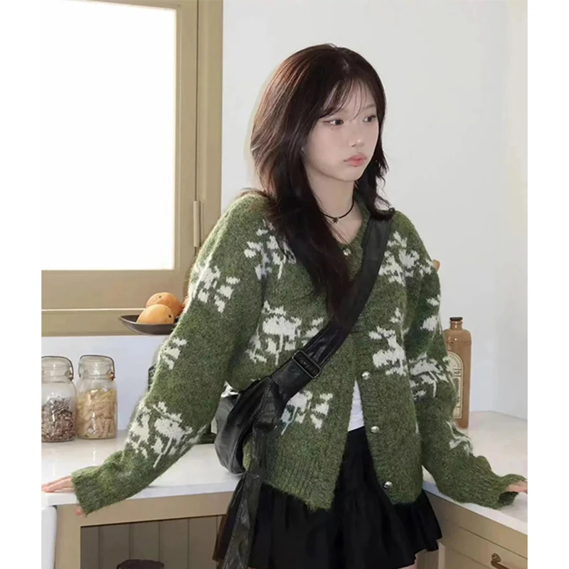 

MEXZT Vintage Print Knitted Cardigan Women Harajuku Aesthetic Sweater Outerwears Long Sleeve Jumpers Winter Korean Knitwear New