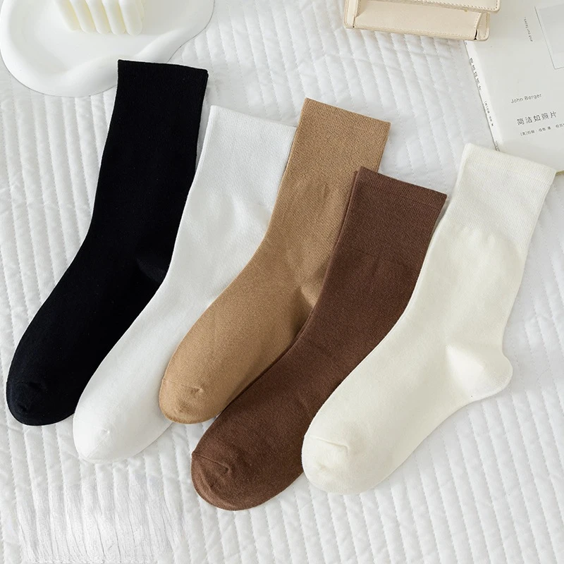 5 Pairs Of New Japanese Socks Set Solid Color Women's Casual Cotton Socks Autumn Simple Women's Medium Length Socks