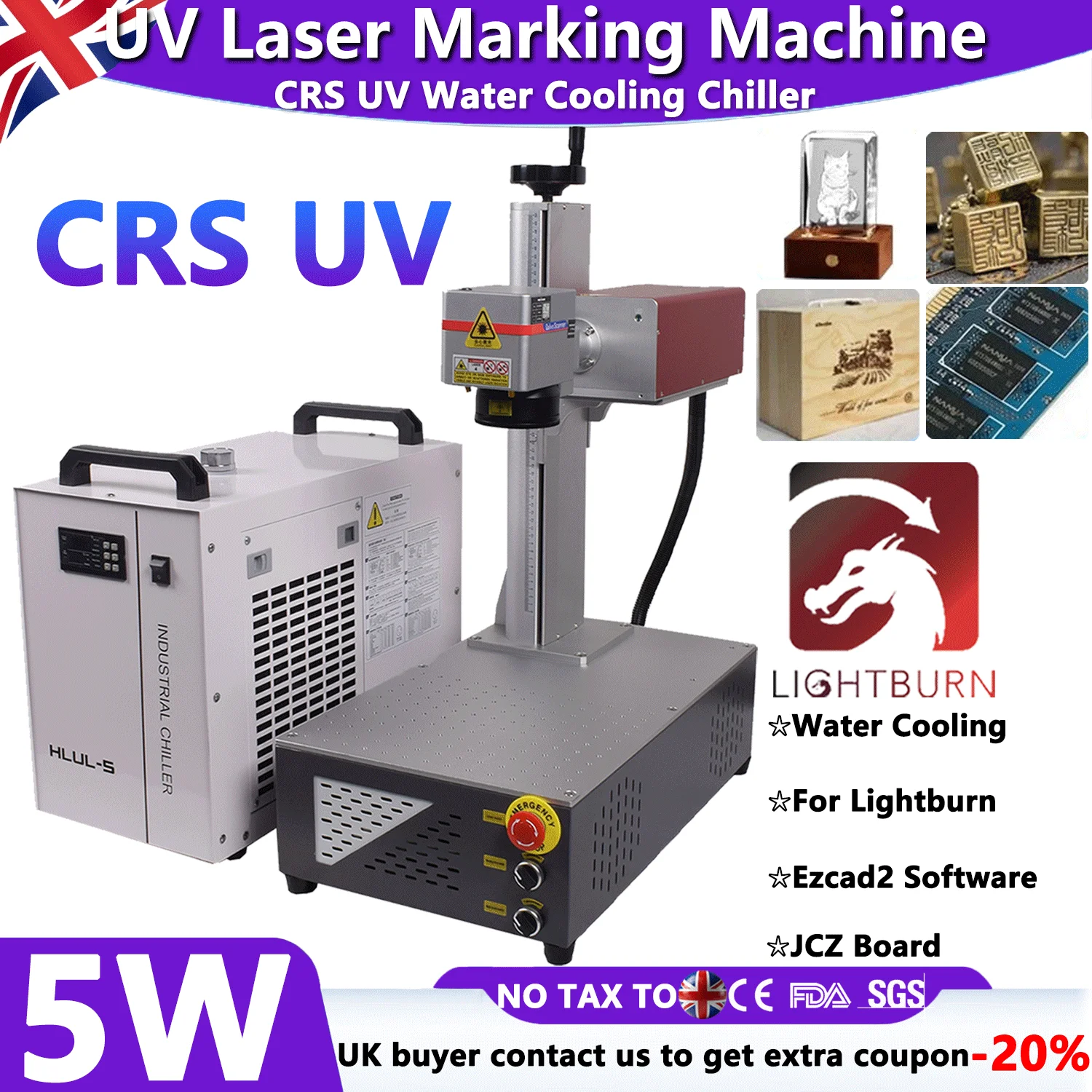

5 Вт CRS УФ-лазерная маркировочная машина, охладитель воды 200*200 мм для кожи, стекла, дерева, акрила, ПВХ, пластика, лазерный источник, гравер