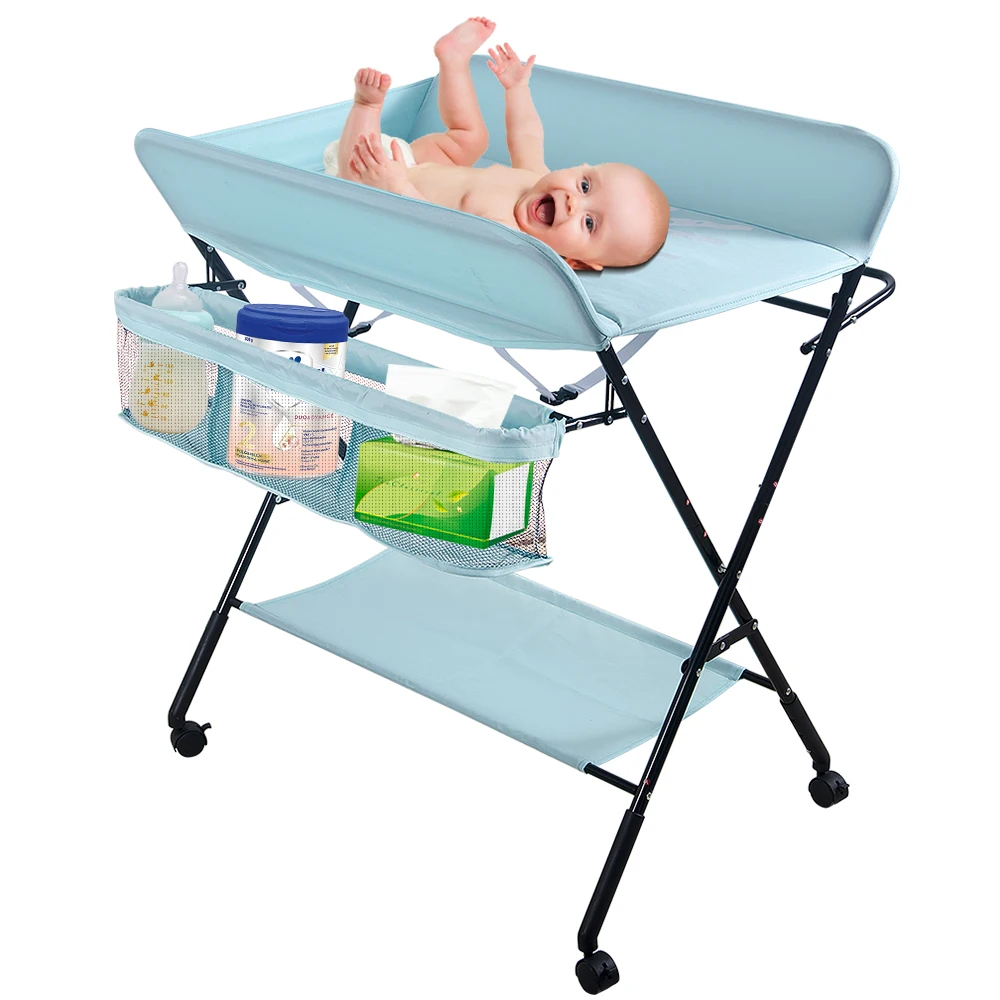 Table à Langer Pliable, Plan à Langer avec Panier Latéral et Roulettes Verrouillables, Meuble pour Bébés Réglable en Hauteur, Rangement Multifonction pour Chambres d'Enfant, Sept Couleurs Disponibles
