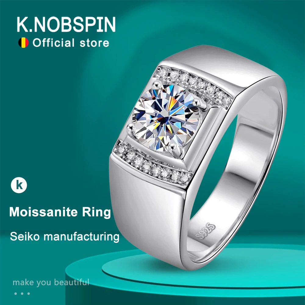 

KNOBSPIN 1ct D Color Moissanite Rings for Men Luxury Original Solid 925 Sterling Sliver Lab Diamond High Quality Wedding Ring