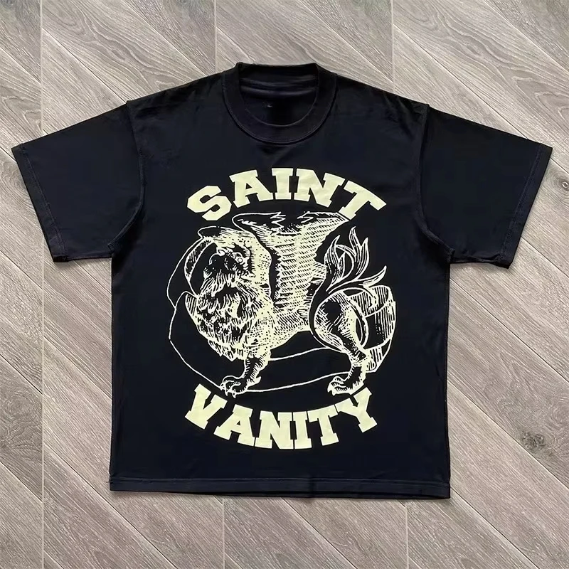 2026 Men Cotton T Shirt Crew Neck Vintage Winged Beast Saint Vanity Graphic Print Short Sleeve Tee Loose Retro Streetwear Tops