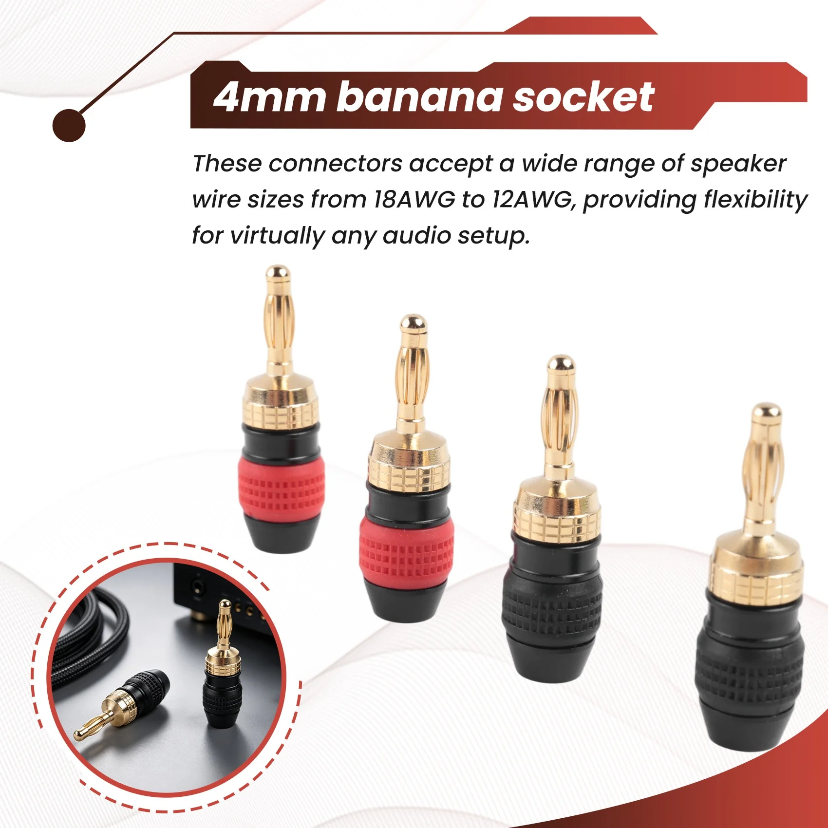 ABMF Banana Plugs for Speaker Wire, 4mm Quick Connect Banana Connectors, Wider Base for Maximum Signal Transfer, 4 Pack