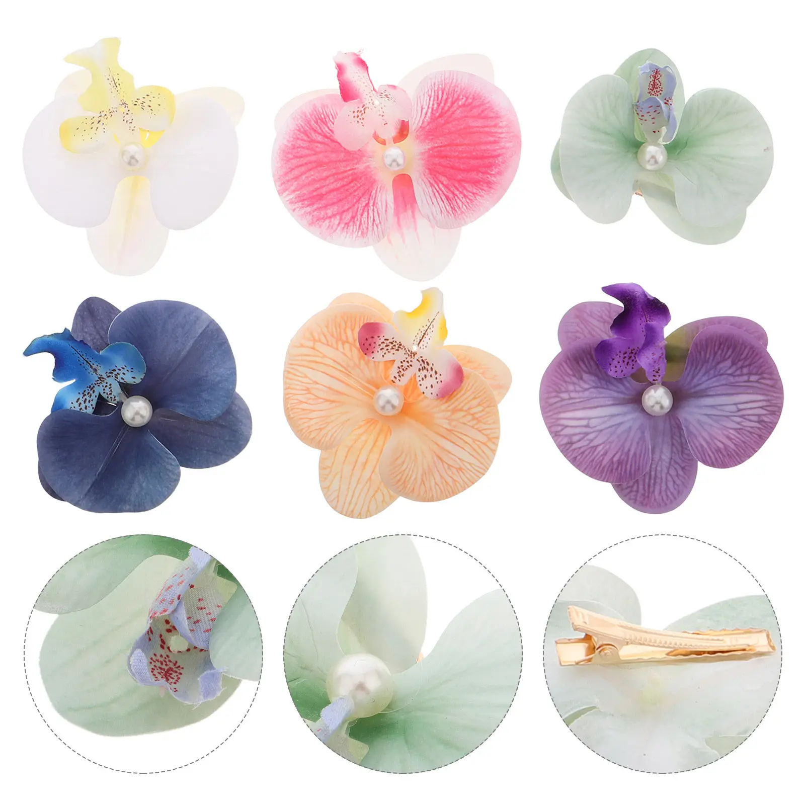 

6Pcs Artificial Phalaenopsis Hair Clips Hawaiian Style Multicolor Flower Barrettes with Pearls Hair Accessories