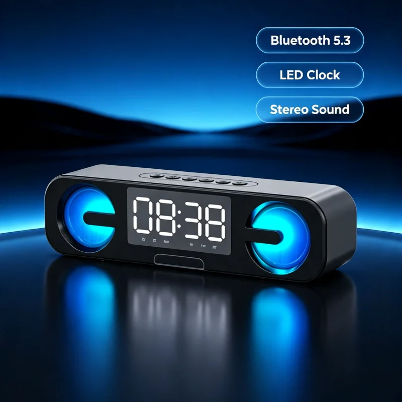 Image of Desktop-Bluetooth-Lautsprecher mit LED-Digitalwecker, Doppellautsprecher Stereo-Sound, kabelloser Lautsprecher, unterstützt TF-Karte, FM-Radio für Zuhause