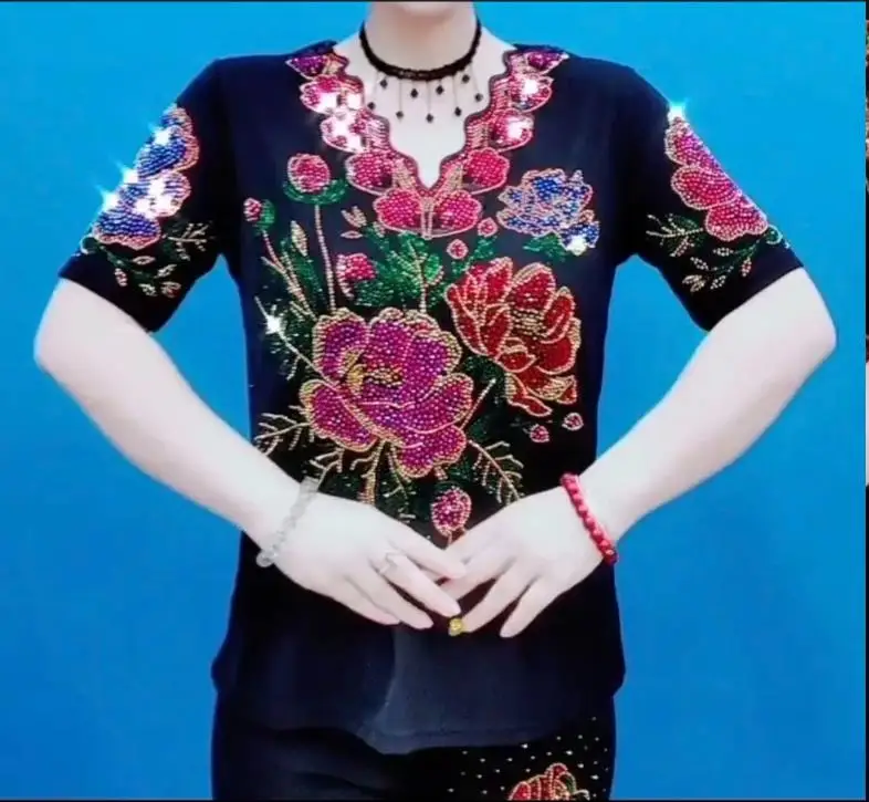 

short sleeve rhinestones t shirts women shiny bling bling gemstones tees
