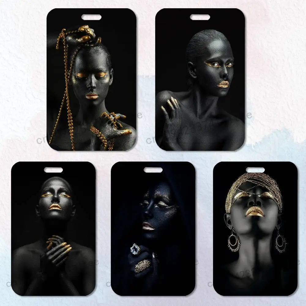 

Golden Makeup Art Black Woman Card Holder Durable With Carabiner Name Tag Vertical ID Badge Holders Credentials Protection