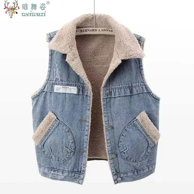 

Autumn Women's Denim Vest Cotton Faux Wool Inner Layer Sleeveless Denim Jacket Winter Warm Waistcoat Chic Top Causal Cowboy Coat